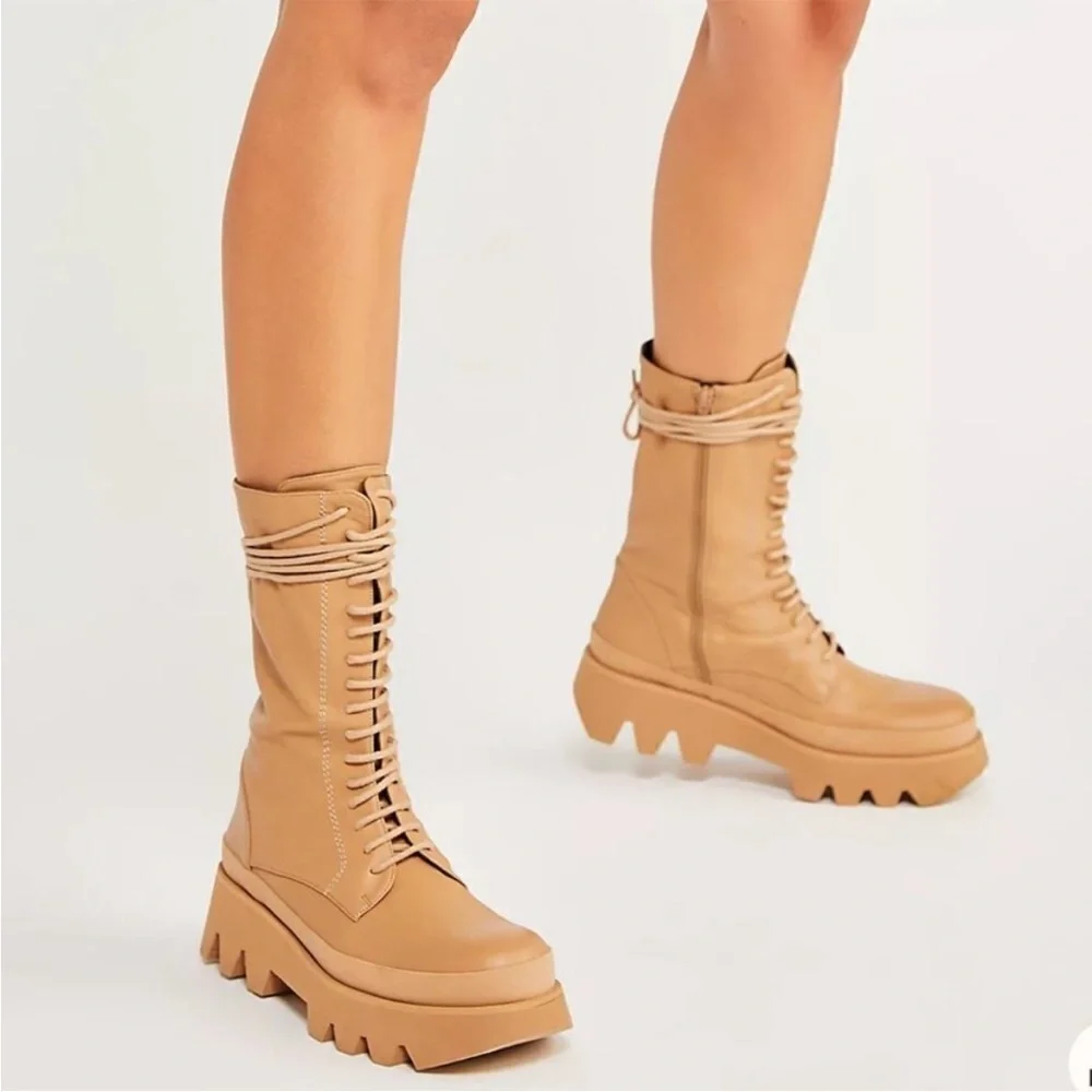 Free People Cairo Tan Leather Platform Lug Sole Boots EU 40 US 9.5-10